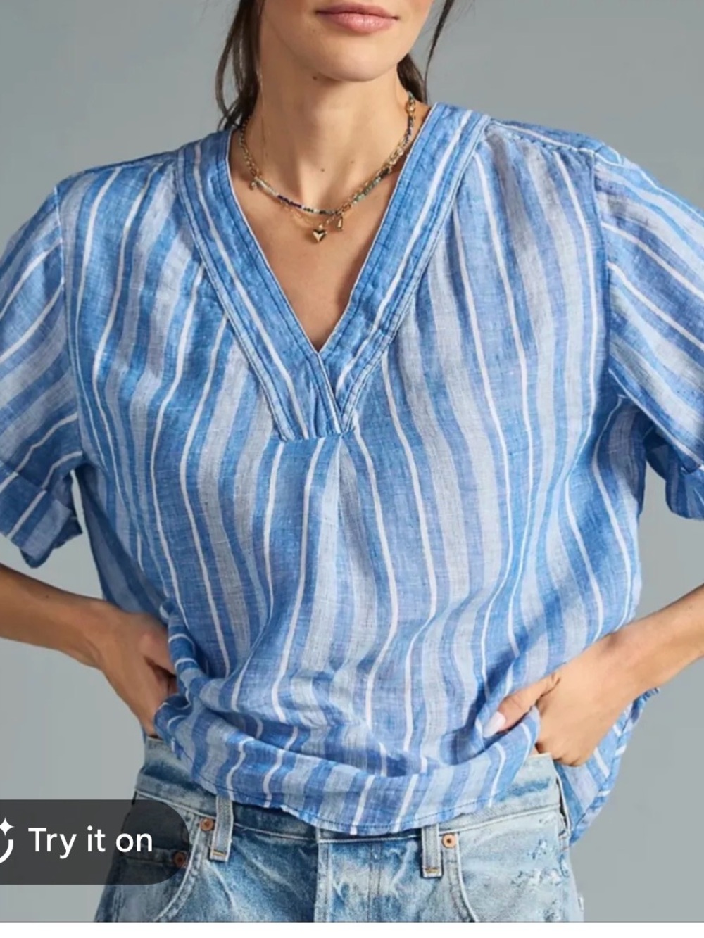 Pilcro Blue and White Striped V-Neck Linen Tunic